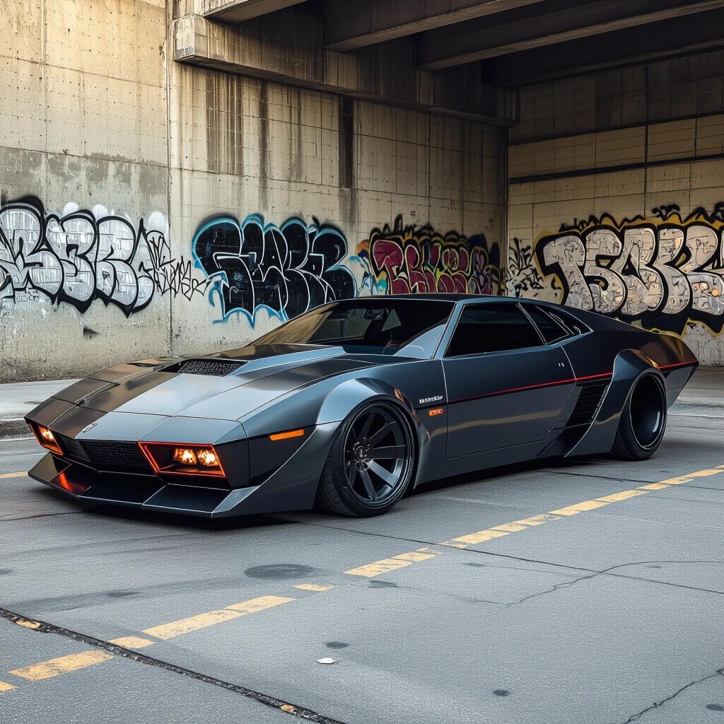 A futuristic low rider with an angular design is parked in an urban setting. The car has a dual tone color scheme. The background features graffiti art. The scene has a dark and edgy vibe. The photograph captures a side view of the car, showcasing its unique features.