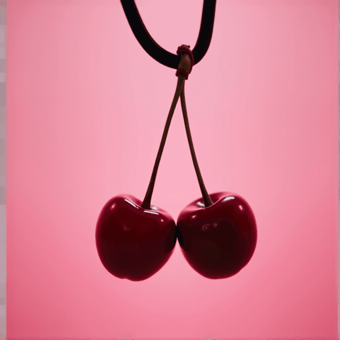 Two red cherries with stems are tied together against a pink background.