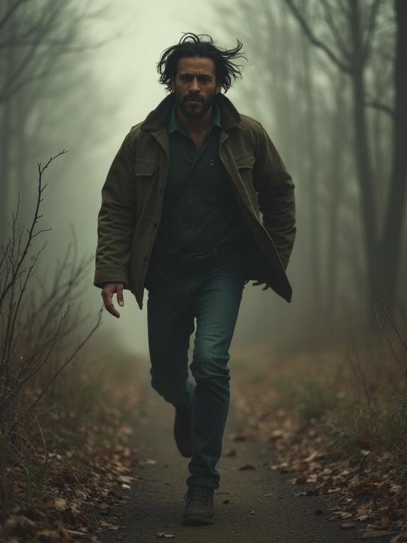 A modern day Latin man runs away from the camera while looking back. A sense of adventure and mystery is present. The scene evokes dread and terror with a foggy background.