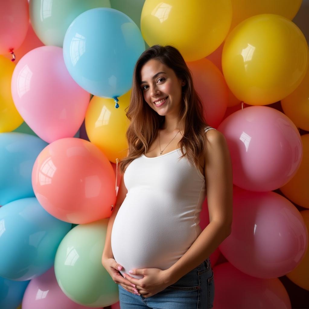 Pregnant woman poses in front of numerous colorful balloons