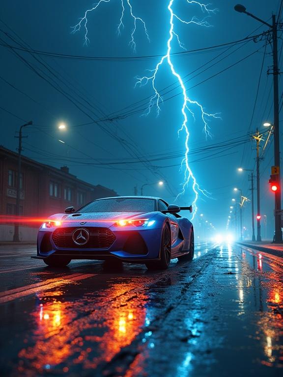 A blue sports car on a wet road at night. A strong lightning bolt illuminates the scene. Street lights reflect on the wet pavement. The image captures a dramatic atmosphere.