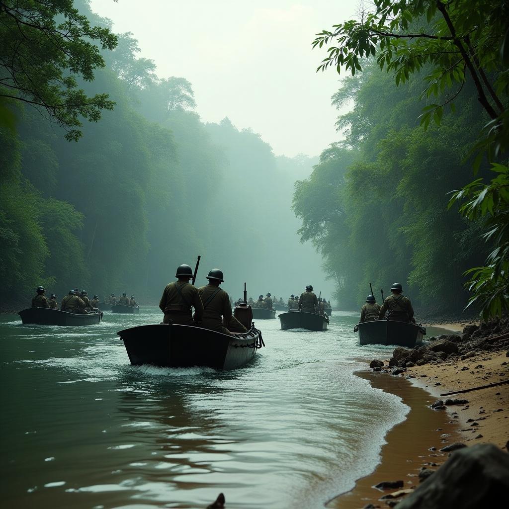 Small army boats landing troops on a small beach in a jungle river. Misty atmosphere surrounds the scene. Soldiers are visible preparing to disembark.