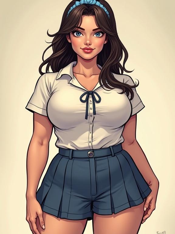 Full body portrait of a female character in a school uniform. Character features a heart-shaped face, plush pink lips, blue eyes with thick lashes, and dark brown shoulder-length hair. She wears a blue scrunchie and has wide thighs. The uniform consists of a white shirt and blue shorts. The character has a comically top-heavy appearance. Background is trendy. Art style involves soft and diffused lighting with smooth lines. This is a comic book illustration with a western comic style.