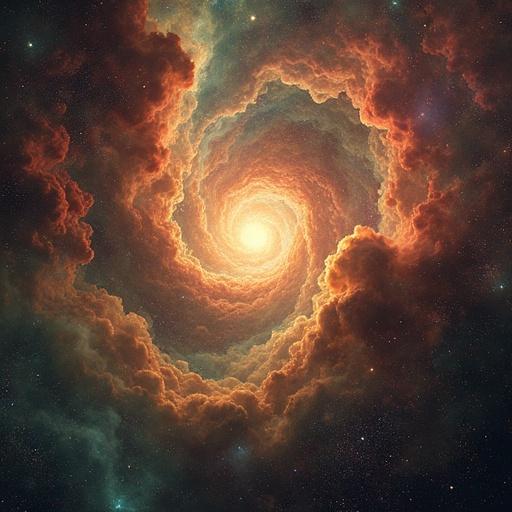 Breathtaking cosmic illustration of the Hubble Nebula created with a mix of artistic styles. Swirling nebula features dull colors deep reds fiery yellows iridescent greens. Intricate details show stars and celestial elements throughout the scene. Ethereal surreal atmosphere captures viewer's imagination with otherworldly beauty. Composition creates depth and wonder reminiscent of gazing into the heart of the universe.