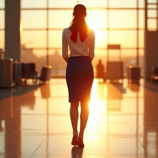 A flight attendant stands barefoot in a modern airport terminal. She faces away from the camera, with hands behind her back. The outfit includes a white blouse with a red scarf and a navy-blue pencil skirt. Strong golden sunlight enters from the right, casting long shadows on the polished floor. Feet are sharply focused, highlighting soft shadows and golden reflections. Strong rim light accentuates her legs and hair.