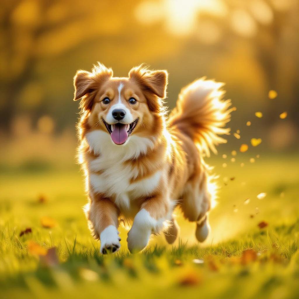 This image features a golden retriever running joyfully on sunlit grass. The dog's fur shines with a warm golden hue. Its tail is raised, indicating freedom and happiness. The background showcases blurred tree outlines with autumn colors, contrasting with the foreground dog. The scene is vibrant and warm, evoking feelings of joy and relaxation.
