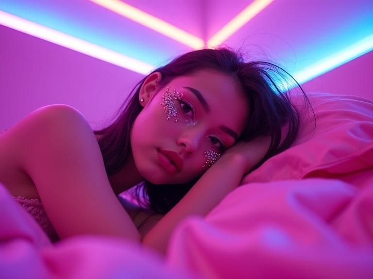 A teenage girl reclines on pink satin bedding styled in Euphoria's aesthetic with bold colors. The bedroom glows with purple and blue LED strips. The girl wears experimental makeup with iridescent face jewels and silver accents. Her skin has a glossy finish. The scene is captured with an anamorphic lens creating subtle flares and atmospheric haze.