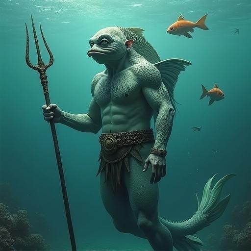 A humanoid fish man with a mix of human and fish features. Holding a trident in his right hand. Swimming underwater with seaweed on the ocean floor. Three fish visible in the background. Scaly skin, webbed hands and feet. Humanoid body with gills on the neck. Body armor made of chain mail with a bronze plate on the chest.