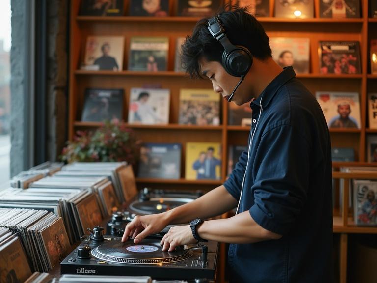 DJ playing vinyl records in a record store. Professional DJ headphones. Surrounded by vinyl record collections. Engaging with music.