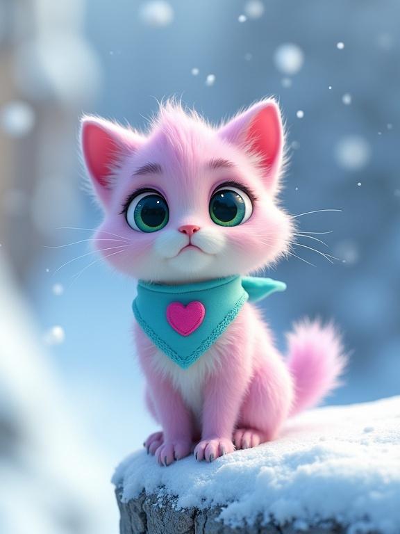 A fluffy kitten with pastel pink and lavender fur. Creamy white belly. Large expressive emerald green eyes. Oversized Pixar-style head. Soft rounded features. Perky ears and tiny paws. Light blue bandana with pink heart. Expression of concern and bravery. Looking at snowy cliff.