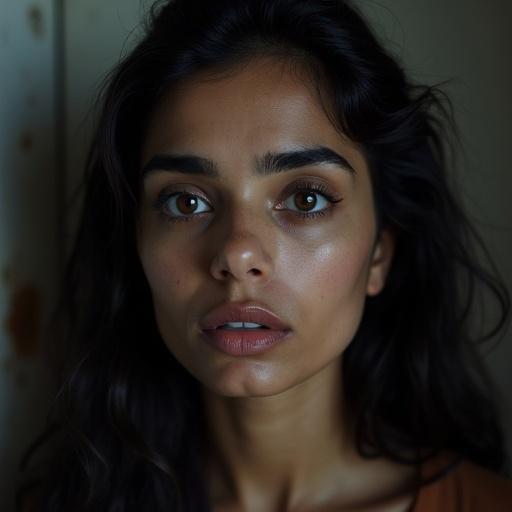 Capture a close-up portrait of a woman with dark brown eyes thick eyebrows and full lips. She has black hair, and the lighting accentuates her features. Focus on the expressive nature of her face.