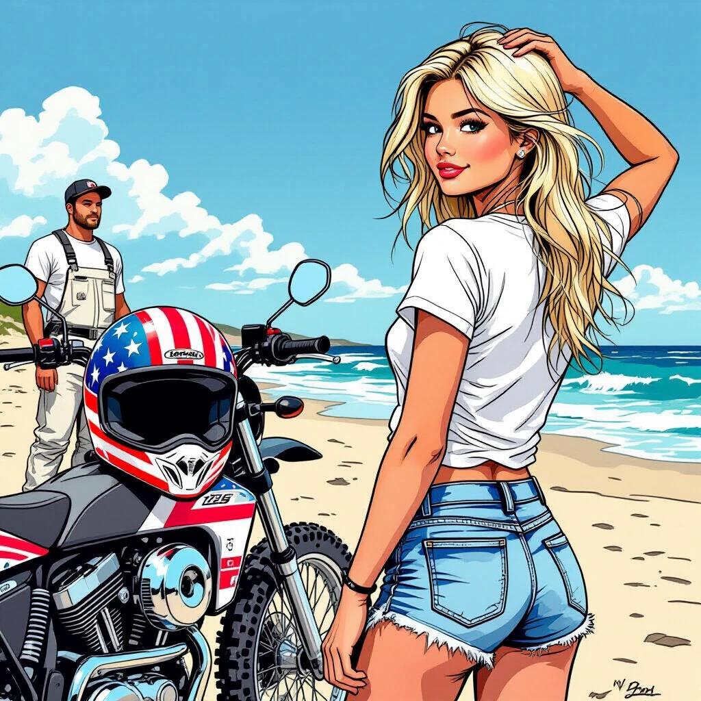 Blonde girl wearing white t-shirt. Short jeans enhance her figure. She stands on the beach next to an offroad motorcycle. Helmet on motorcycle is painted like the USA flag. Girl strokes her hair and looks back over her shoulder. Man in white overall observes the motorcycle. Image created in comic book style with bold outlines.