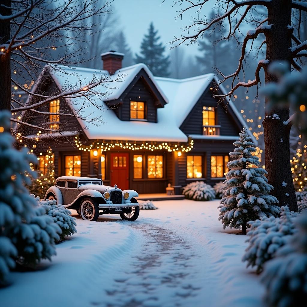 Outdoor winter scene showcasing a charming house decoratively lit for Christmas. Snow covers the ground and trees. A vintage car is parked in front. Warm light emanates from the windows, creating a festive atmosphere.