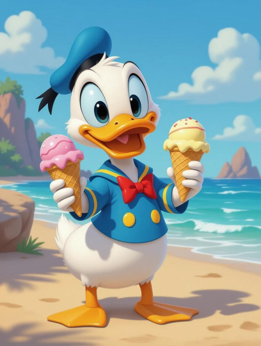 Donald Duck in Pixar style is happy at the beach with two ice creams. The background features sand and ocean. He wears a sailor suit and smiles. Ice creams are pink and yellow. Bright sunny day.