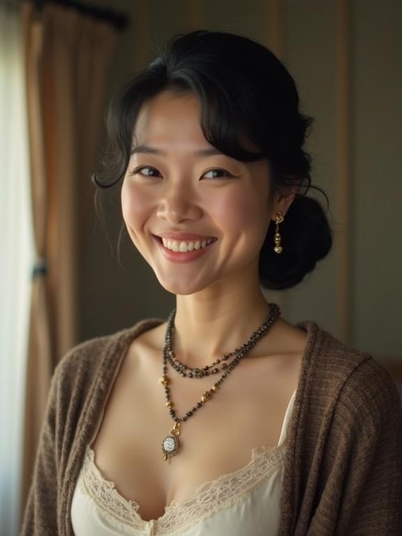 Candid outtake from indie film featuring a smiling woman with an updo hairstyle wearing jewelry and a cardigan. Image has a low resolution and pixelated aesthetic common to older digital photos and filters.