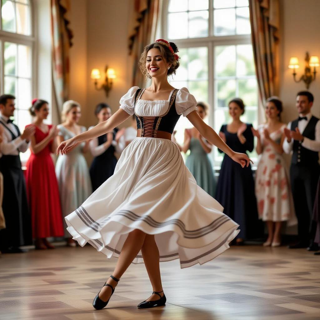 A Suisse woman dancing in a traditional outfit with a gathering behind her. The setting is a grand hall with large windows overlooking nature. The woman gracefully twirls, wearing a white dress with a corset. People in the background are clapping and enjoying the dance.
