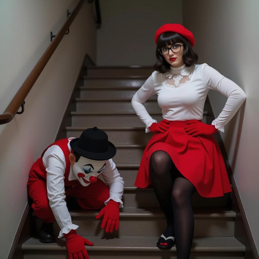A serious thirty-three years old dark-haired woman descends a staircase. She wears a long-sleeved skin-tight white shirt with lace details, a red skirt, and a red beret. Gloves are red and she wears black tights. The room is dimly lit. A clown-like puppet crawls in front of her on the stairs.