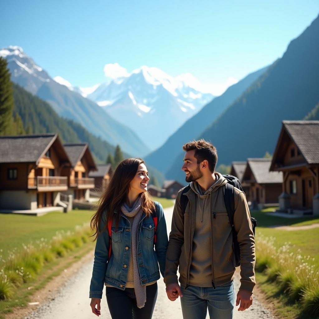 A couple is enjoying a trip in Himachal Pradesh. They are walking hand in hand along a dirt path. Background features beautiful mountains and wooden houses. Bright blue sky above.