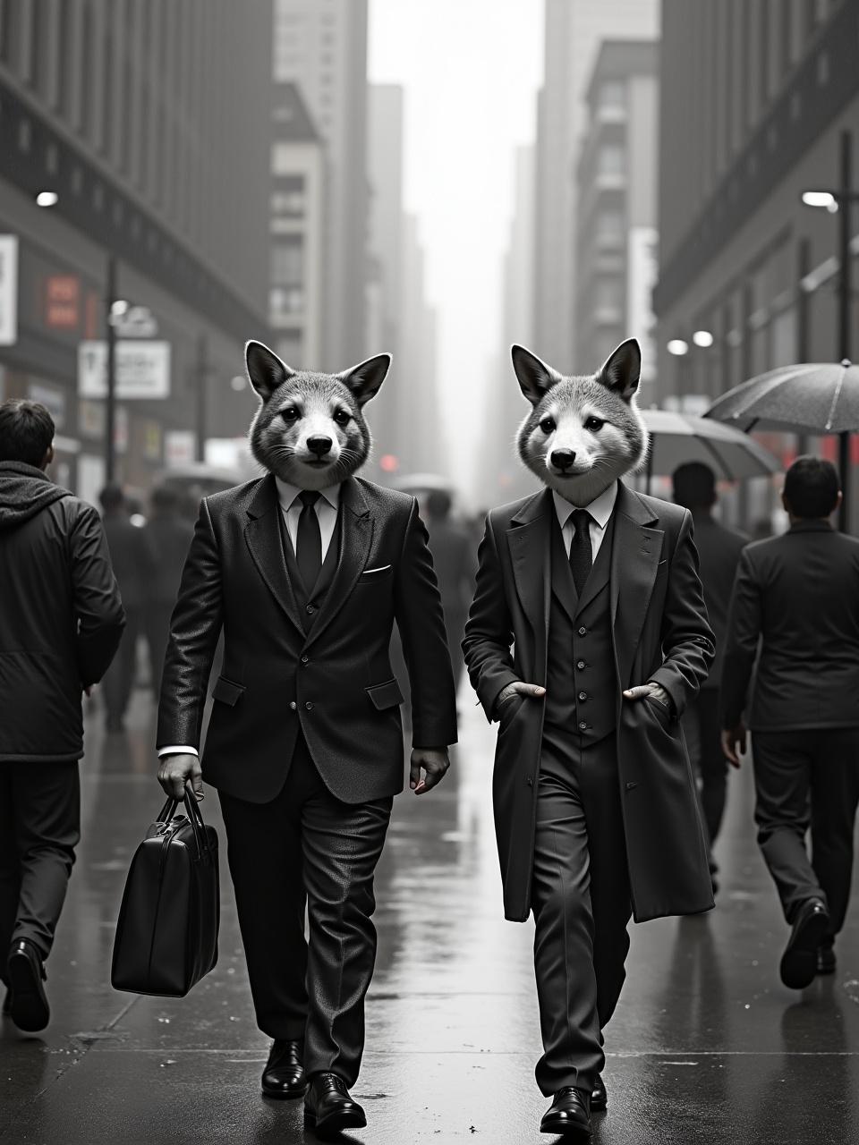 This surreal image features two figures dressed in formal business suits with the heads of wolves. They are walking confidently down a rainy urban street, surrounded by tall buildings and people holding umbrellas. The black-and-white color palette enhances the image's mysterious and dreamlike quality, drawing attention to the wolf heads and their juxtaposition with the cityscape.