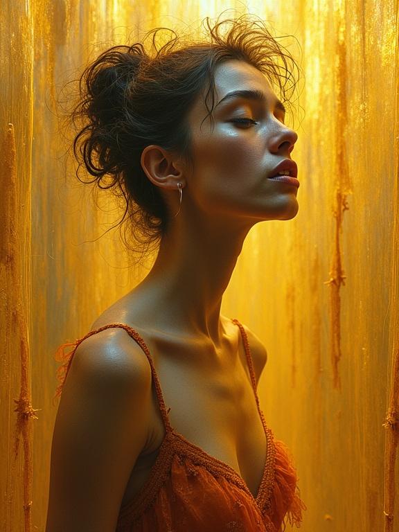 A stunning see-through portrait with a profile view. A figure stands against a textured background. The expression conveys emotions of disappointment and astonishment. Amber and gold hues create an ethereal glow. Abstract patterns enhance the surreal quality of the scene.