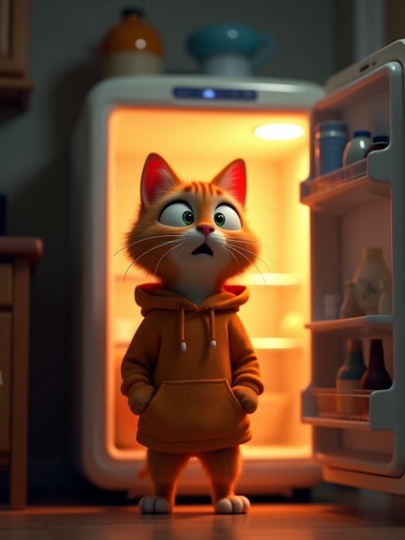 3D Pixar style orange tabby cat in hoodie stands in front of a mostly empty fridge. The cat has a shocked expression. The fridge has a glowing light that illuminates the cat's face. The setting is a cozy nighttime kitchen with cinematic lighting. The cat is centered in the image.