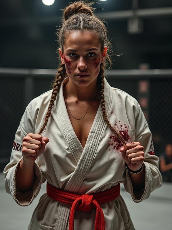 Full body image of realistic athletic woman with cornrows hairstyle wearing worn-out karate gi. Blood smudges on body with untidy hair. Heavy bruises on face. Appears exhausted but focused to win fight. Bloody fists raised in MMA arena.