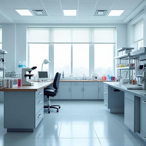A modern laboratory interior. A sturdy lab bench in the center. A high-precision microscope on the bench. A test tube rack with colorful liquids on the left. A Bunsen burner on the right. A computer workstation with a monitor against the back wall. Tiled floor, solid surfaces, bright and sterile atmosphere, and uniform overhead lighting.