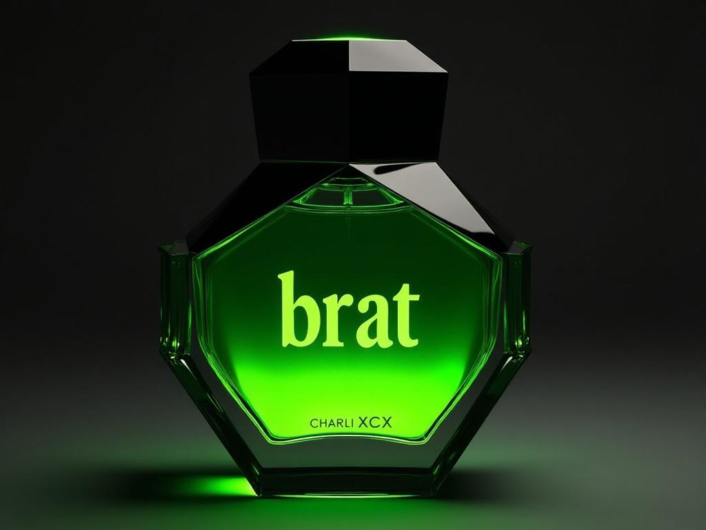 This image showcases a striking perfume bottle designed for Charli XCX's fragrance 'brat'. The bottle is shaped like a hexagonal prism with a unique matte black glass exterior. The highlight of the bottle is the glowing lime green inner core, which lights up when exposed to light, creating a captivating visual effect. The front of the bottle features the word 'brat' in raised glossy lime green lettering, while the metallic silver text 'Charli XCX' adds a modern touch to its branding. Perfect for a contemporary beauty product, this design captures attention at first sight.