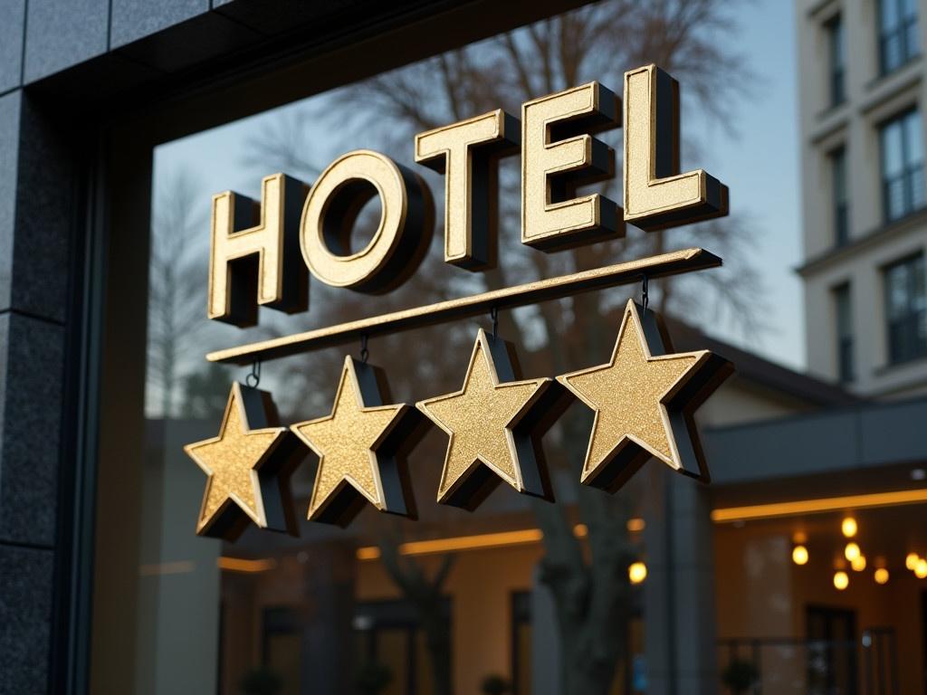 The image shows the entrance of a four-star hotel. The sign prominently displays the word 'HOTEL' in bold letters. Below the sign, there are four shiny stars, indicating the hotel's rating. The reflection in the glass facade shows nearby buildings and trees, enhancing the modern look of the hotel's exterior. The overall ambiance suggests luxury and comfort, inviting guests to come inside.