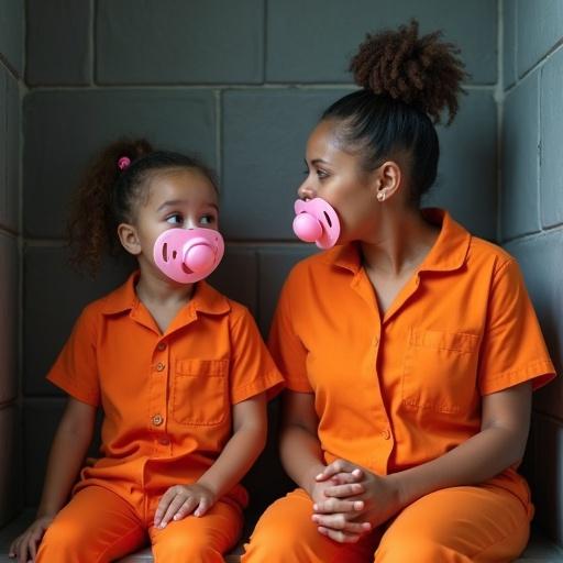 A mother and her ten year old daughter are seated in a jail cell. Both wear orange jail jumpsuits and oversized pacifiers. The child has a big pink pacifier in her mouth. The mother explains prison behavior rules playfully.