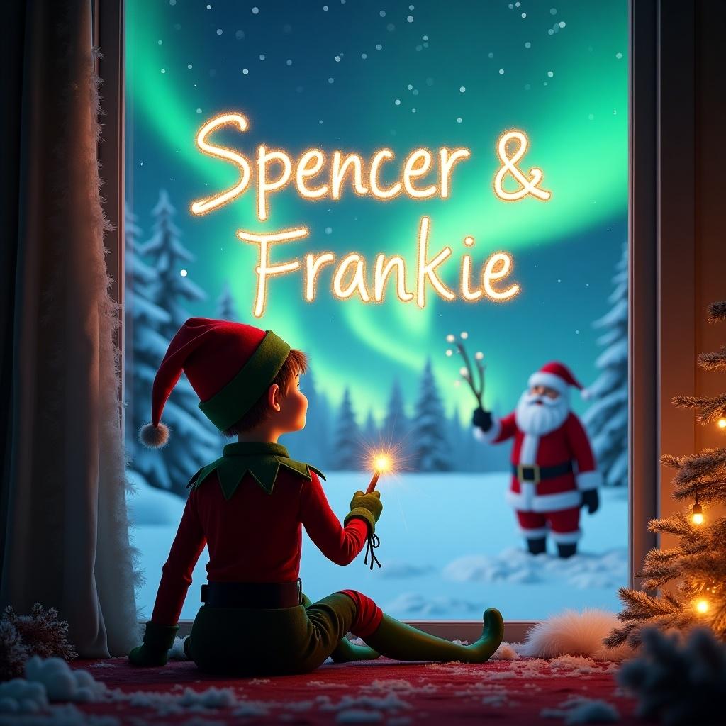 An enchanting holiday scene features an elf with his back to the viewer. He sits by a window, face turned towards the sky. With a wand, he writes the names 'Spencer & Frankie' in sparkling letters. The backdrop is a magical winter landscape with vibrant northern lights. In the distance, Santa Claus is also present, adding to the festive atmosphere. The whole scene is immersive and filled with Christmas spirit, designed to evoke a sense of wonder and joy.