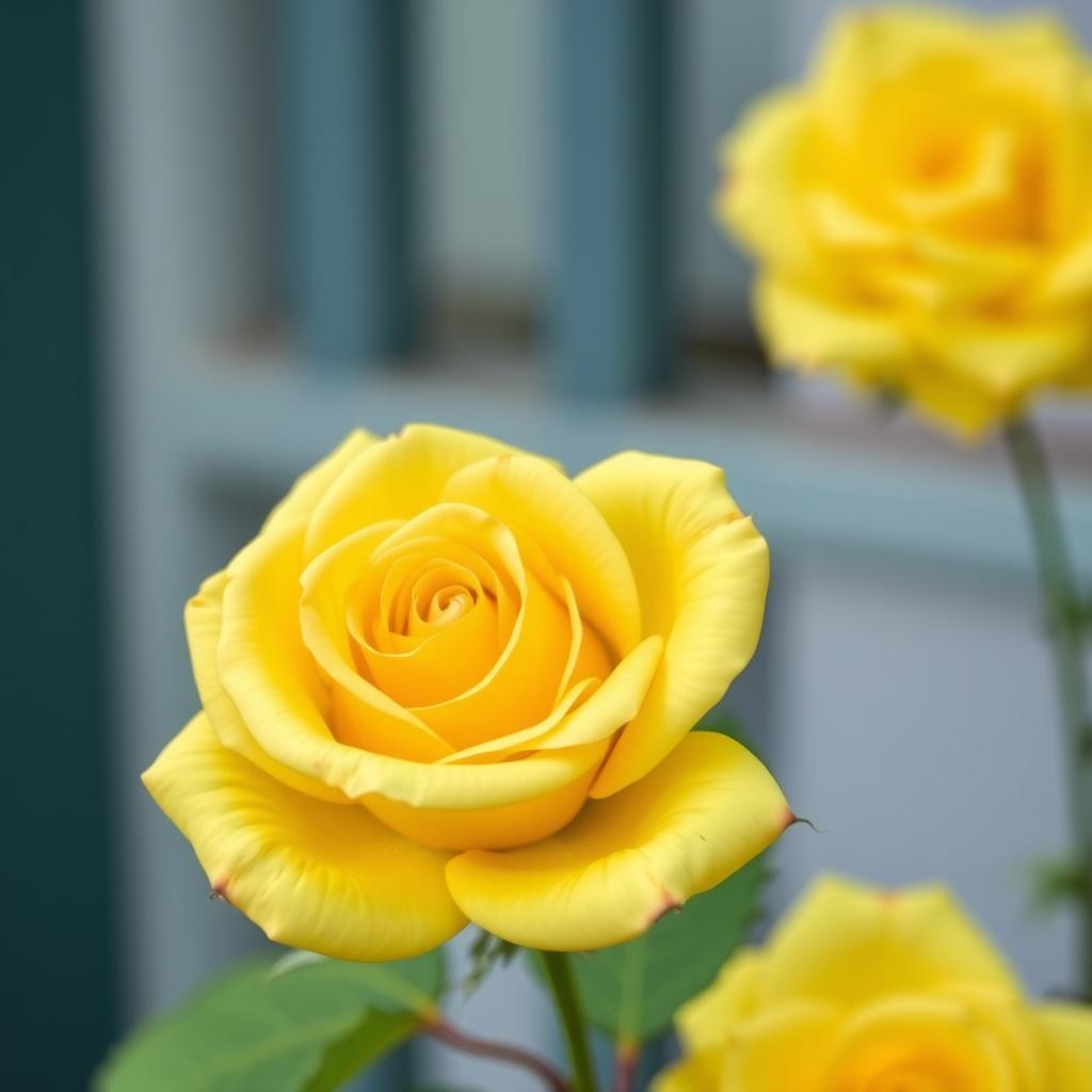 A vibrant yellow rose fully bloomed against lush green foliage.