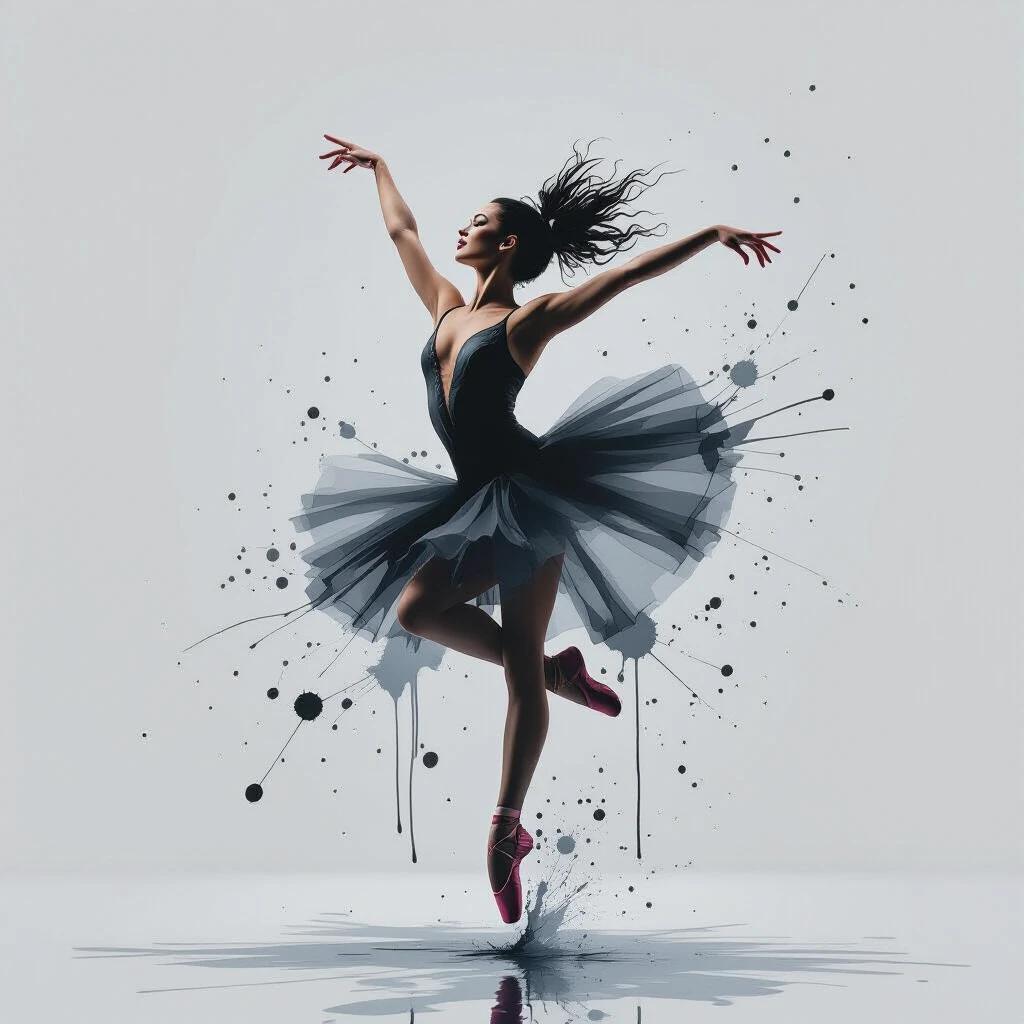 Ballet dancer captured mid-leap through dynamic ink splatters and flowing drips. Movement energy expressed via fluid ink dynamics. Dance choreography translated to ink patterns. Graceful motion suggested through controlled splatter placement. Contemporary dance art using traditional ink medium. Masterpiece movement study. Gallery-worthy performance art.