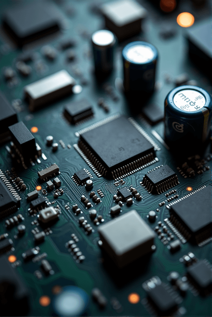 The image shows a close-up of an electronic circuit board with various components like chips and capacitors.