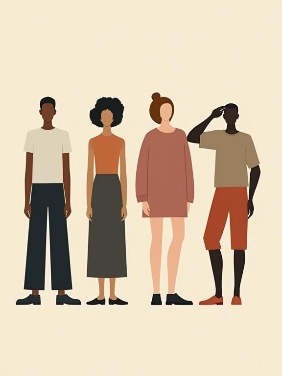 Minimalist flat vector illustration featuring diverse, faceless humans with exaggerated silhouettes and non-proportional body types. Characters display quirky shapes, long limbs, squat bodies, and simplified clothing in neutral and muted colors. The illustration emphasizes clean shapes and playful postures in an editorial style without hyperrealism.