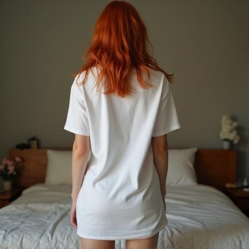 A young person with red hair stands with back to camera wearing a long white t-shirt. Room has soft lighting and a cozy atmosphere.