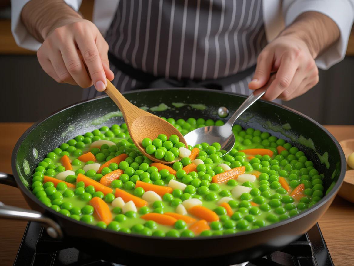 Close-up photograph of hands stirring green peas in a large black non-stick pan with a creamy light green sauce and sliced garlic. Thin orange carrots are also visible. Chef wears a white coat and dark apron. Wooden spoon and metal utensil are being used. Pan is on a dark stovetop with a blurred kitchen background.