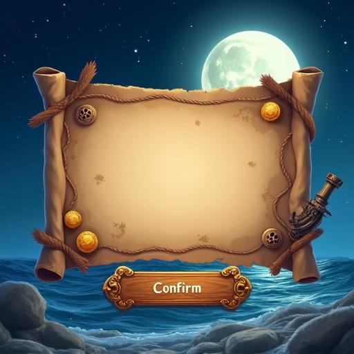 Design a rectangular pirate-themed frame for a game icon. Include weathered parchment edges and gold coin decorations. Add rope details and small pirate symbols at the corners. Ensure the frame is delicate and has a golden glow. No text present. Transparent background.
