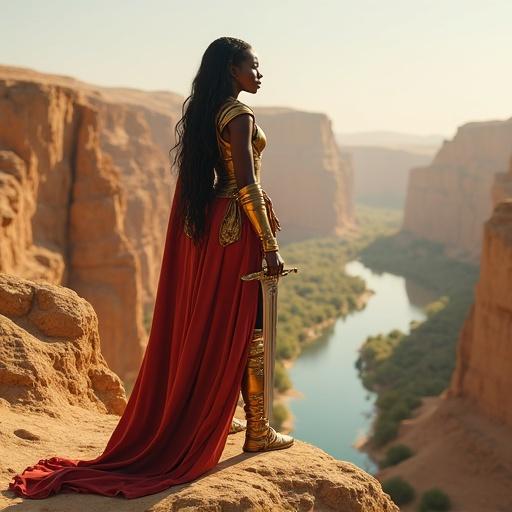 Beautiful Black woman in a desert fantasy outfit wears gold armor holds a sword stands on a cliff overlooking an oasis