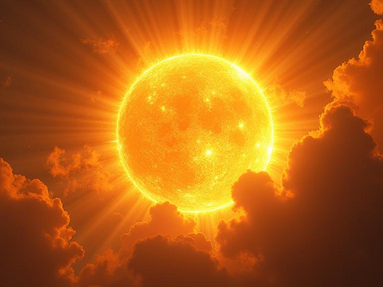 Majestic sun representing Helios behind clouds. Radiant light shines through.