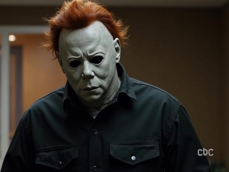 Character wearing a hockey mask with orange hair in a dimly lit room.