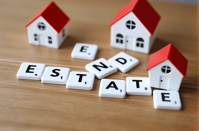 Scrabble tiles spelling out 'END ESTATE' are placed on a wooden surface with small model houses in the background.