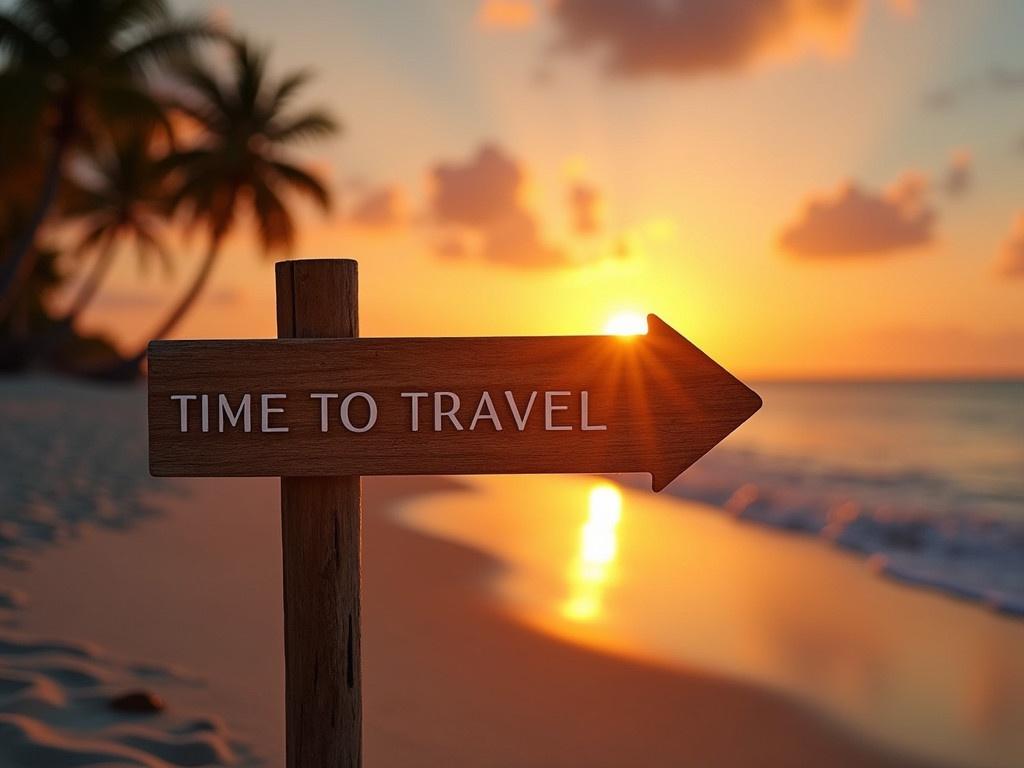 A direction indicator pointing to the right with the text "TIME TO TRAVEL" prominently displayed. The scene is set during sunset, casting warm golden hues across the sky and illuminating the surrounding area. In the background, there is a beautiful beach with soft sand and gentle waves lapping at the shore. Silhouettes of distant palm trees can be seen against the vibrant colors of the sunset. Overall, the ambiance evokes a sense of wanderlust and adventure.