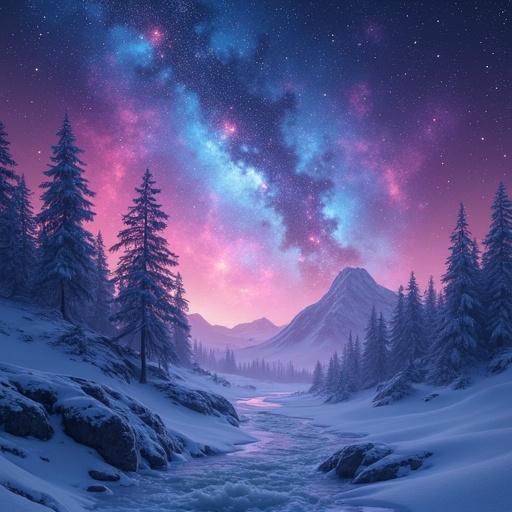 Futuristic nebula-themed album cover featuring the text Frozen Mirage. Display a snowy landscape with mountains and a vivid cosmic sky full of vibrant colors.