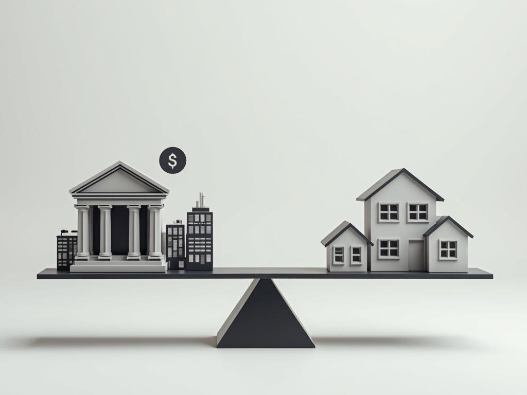 The image features a classic scale balance, with the left side heavier than the right. On the left, a bank building, some money symbols, and city buildings represent financial assets, while on the right, lighter houses illustrate real estate. The composition is minimalistic with a gray background, emphasizing the contrast between the two sides, creating a sense of imbalance.