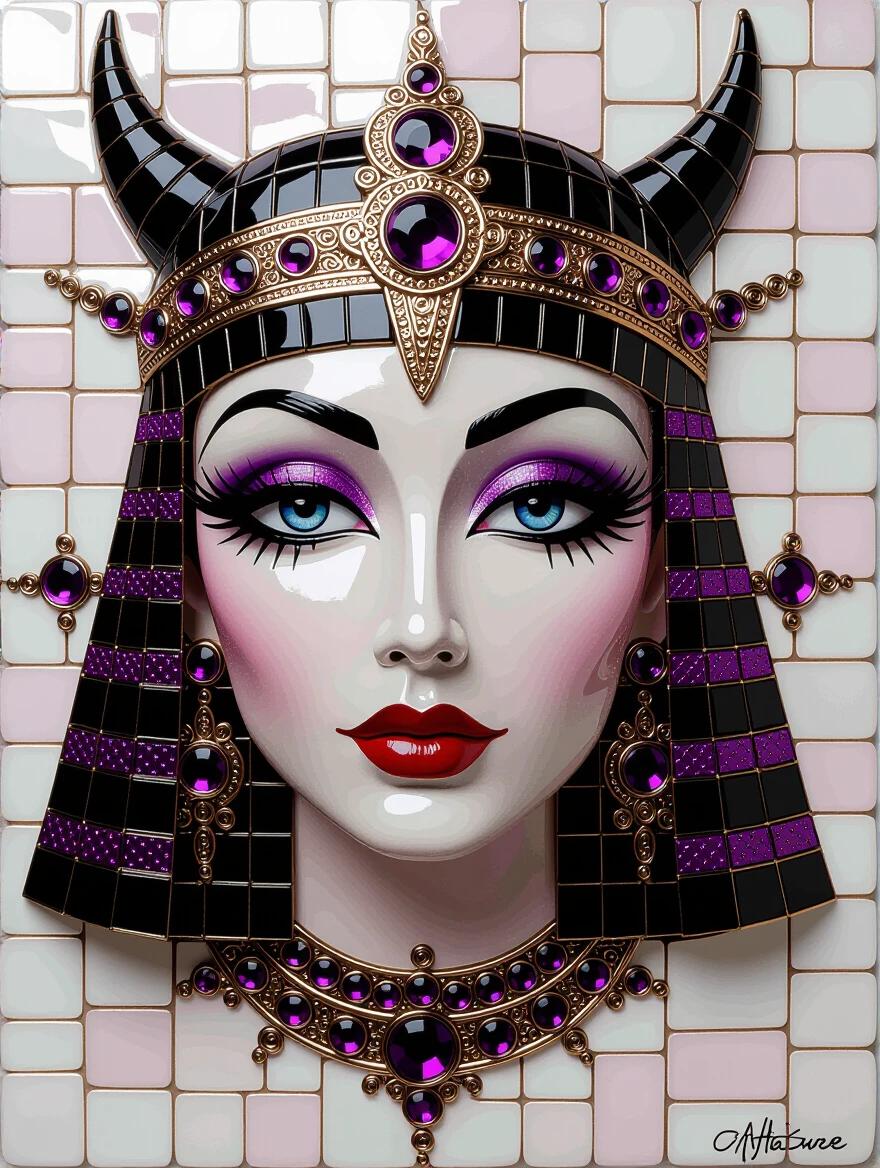 Artwork features a headdress designed with pink and black ceramic tiles. It is adorned with purple gemstones and intricate details. Evokes a whimsical and ethereal feeling. Incorporates mixed media techniques. Inspired by gothic elements and ancient themes. Reflects artistry akin to famous artists.