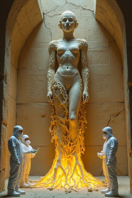 A humanoid statue towers in the center of a dim chamber. The statue is made from light stone. Bone-like patterns adorn her body. Glowing yellow roots extend from her base. The chamber has massive cracked stone walls covered in hieroglyphs. Three figures in white protective suits and masks examine the statue. One figure shines a flashlight on it.