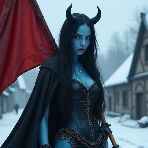 Photorealistic fantasy character in a snowy medieval setting. Blue-skinned woman with black hair and small horns. Athletic build wearing a dark corset dress and a heavy cloak. She carries a large red flag over her shoulder. Sad expression adds depth to the character.