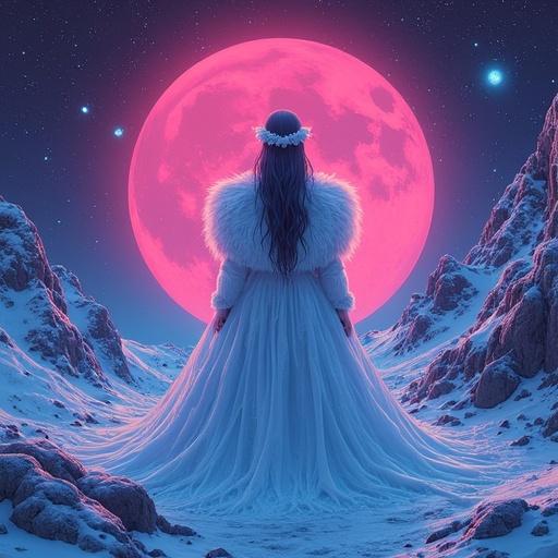 Futuristic album cover featuring a woman in a flowing dress standing in a snowy landscape under a large pink moon. The scene evokes a sense of dreaminess and magic with vibrant colors.