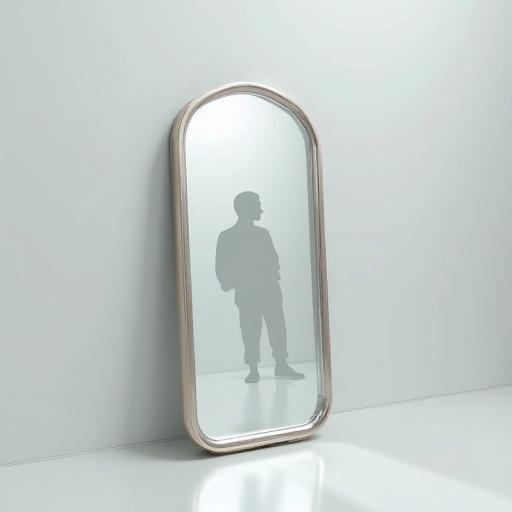 Mirror stands in a minimalist white room. Mirror shows a digital avatar instead of a reflection. Frame shaped like a loading wheel. Eerie lighting creates an atmospheric effect. Symbolizes identity crisis in a digital age.